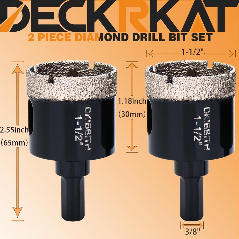 DECKRKAT 1-1/2 Inch Diamond Hole-Saw Bits with Pilot Drill Bit - 2pc 1-1/2"" Diamond Tipped Tile Hole Saws with Guiding Bit Accurate Drilling for Porcelain Tile Ceramic Pottery Granite Stone Glass Bottles 38mm - Image 2